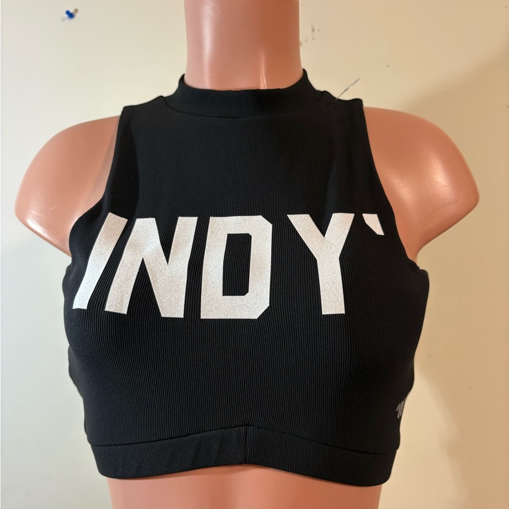 Varsity Spirit women’s Black high neck cropped‎ top ribbed zip back INDY’ Medium